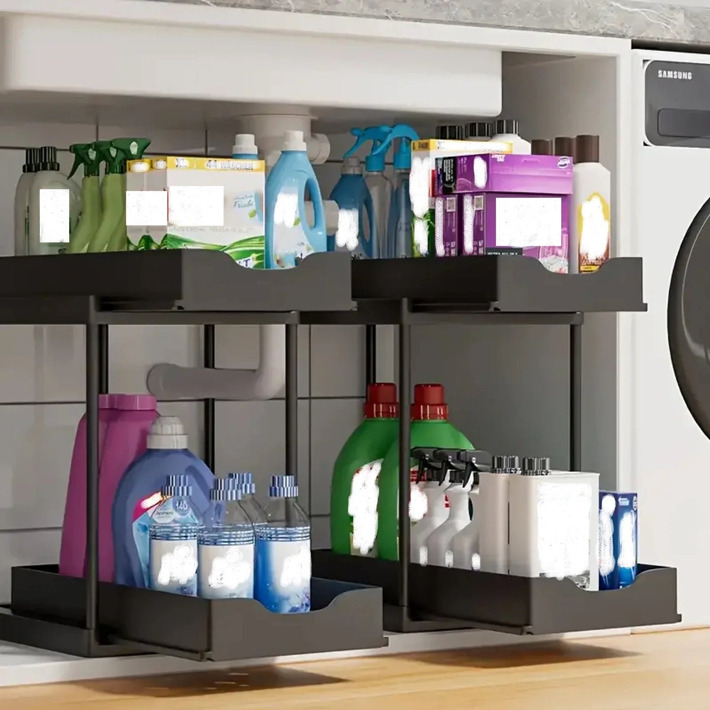 Double-Layer Pull-Out Under-Sink Organizer Rack with 5 Hooks