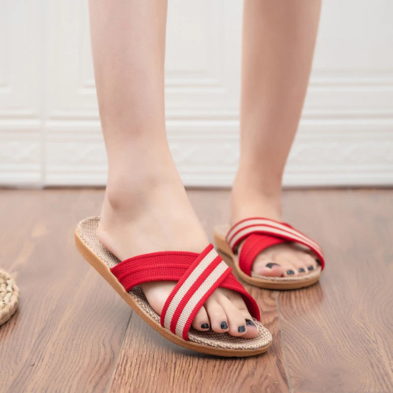 Women's Linen Flat Slippers – Lightweight Open Toe Indoor Slides