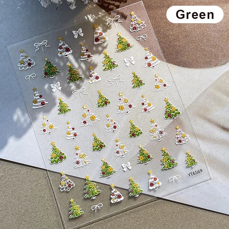 Christmas Tree Nail Stickers Embossed Self-Adhesive Nail Art Decals for Manicure Festive Charm Nail Ornaments for Party Peaceful Pleasures Health and Wellness Green