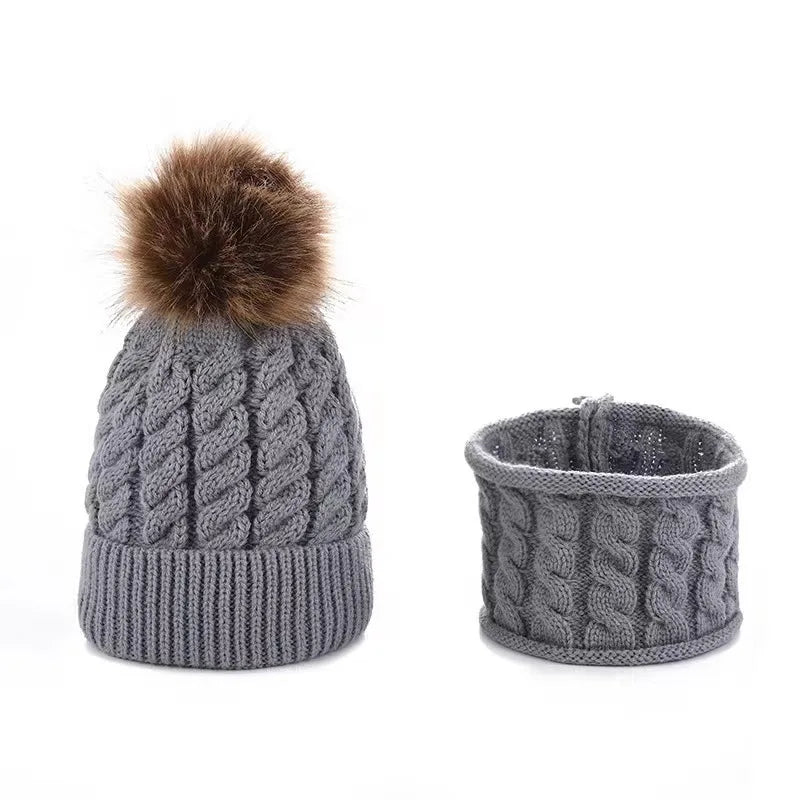 2pcs/set Children's Woolen Hat & Neck Scarf Set, Winter Solid Color Outdoor Cycling Thickened Warm Knitted Hat Peaceful Pleasures Health and Wellness Light Gray