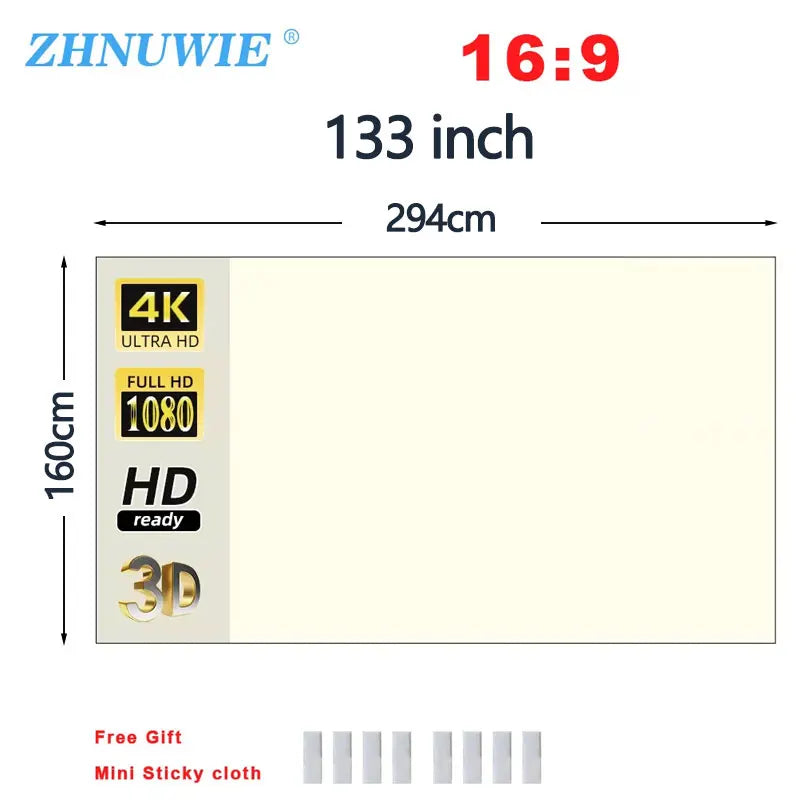 ZHNUWIE Projector Screen White Grid Anti-Light 16:9 Projection Screen 60 72 84 100 120 133 in Reflective Cloth for Home Theatre Peaceful Pleasures Health and Wellness 133 inch