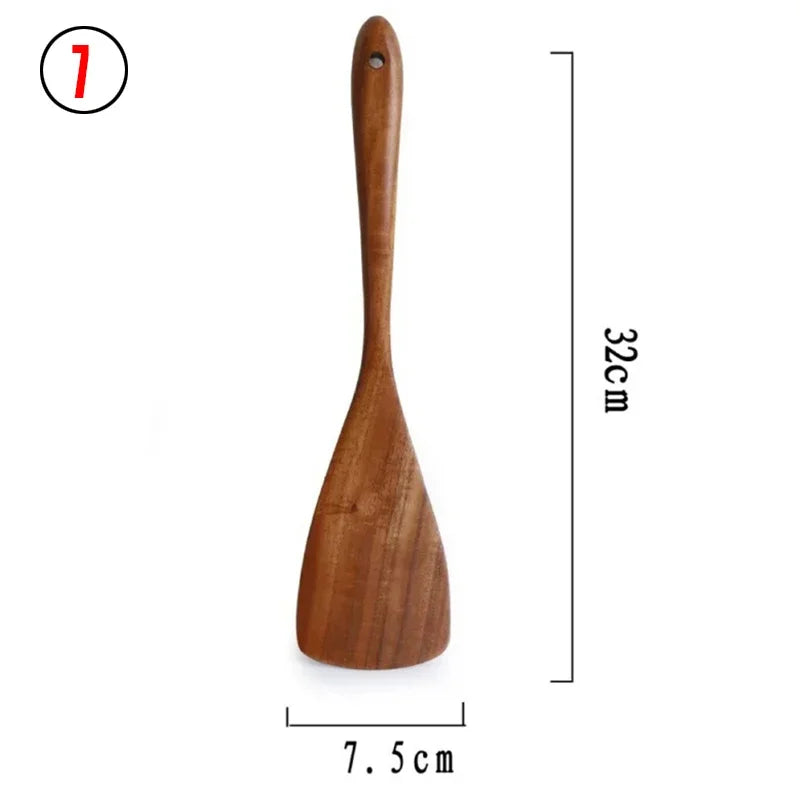 7pcs/set Teak Natural Wood Tableware Spoon Ladle Turner Rice Colander Soup Skimmer Cooking Spoon Scoop Kitchen Reusable Tool Kit Peaceful Pleasures Health and Wellness 7
