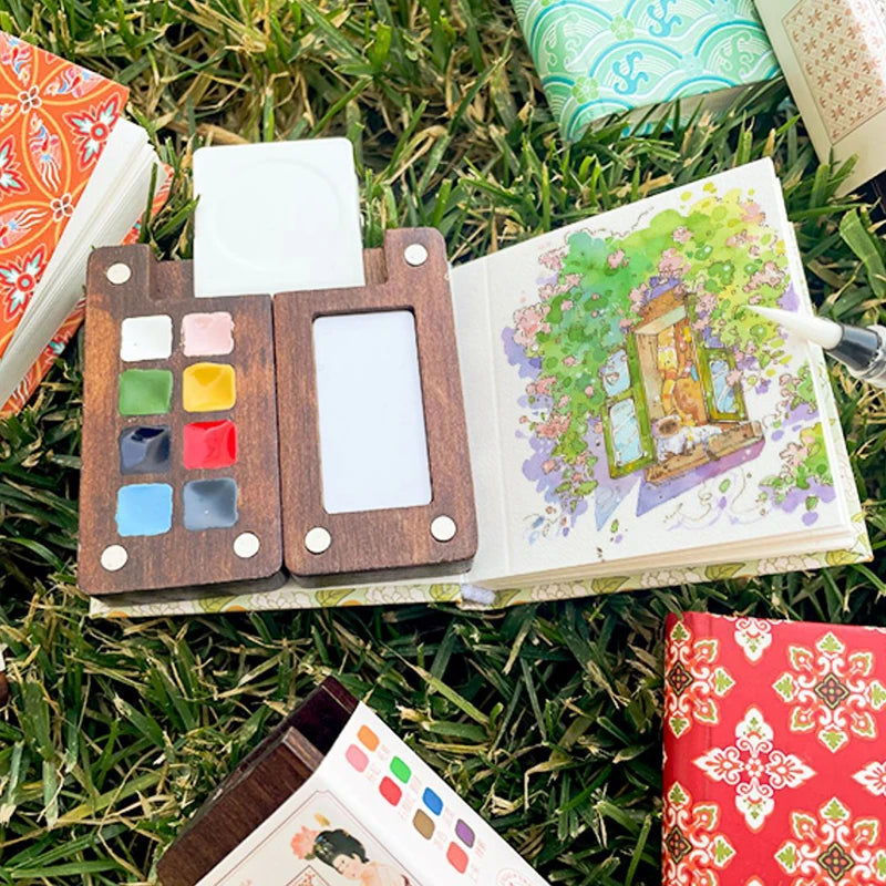 Wooden Box Watercolor Paint 8 Colors Walnut Mini Solid Dispenser Boxes