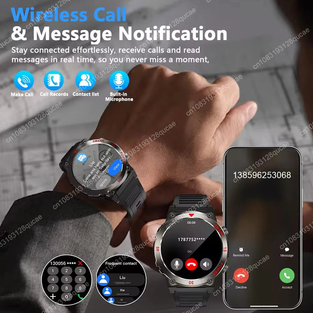 Smartwatch Military Men 360*360 HD Screen Flashlight Health Monitoring Waterproof Heart Rate BT Call Smart Watch For Android IOS Peaceful Pleasures Health and Wellness