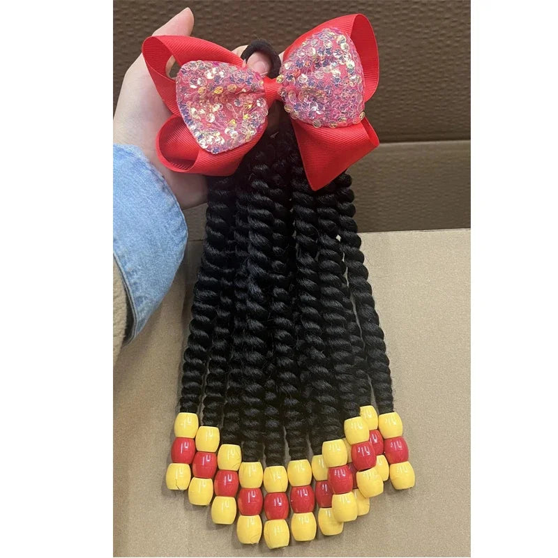 2PCS Hair 2024 New Little Girls Braided Ponytails with Beads Kids Girls Hair Bow Glitter Shinny Shining with Big Balls Bubbles Peaceful Pleasures Health and Wellness Bows 2
