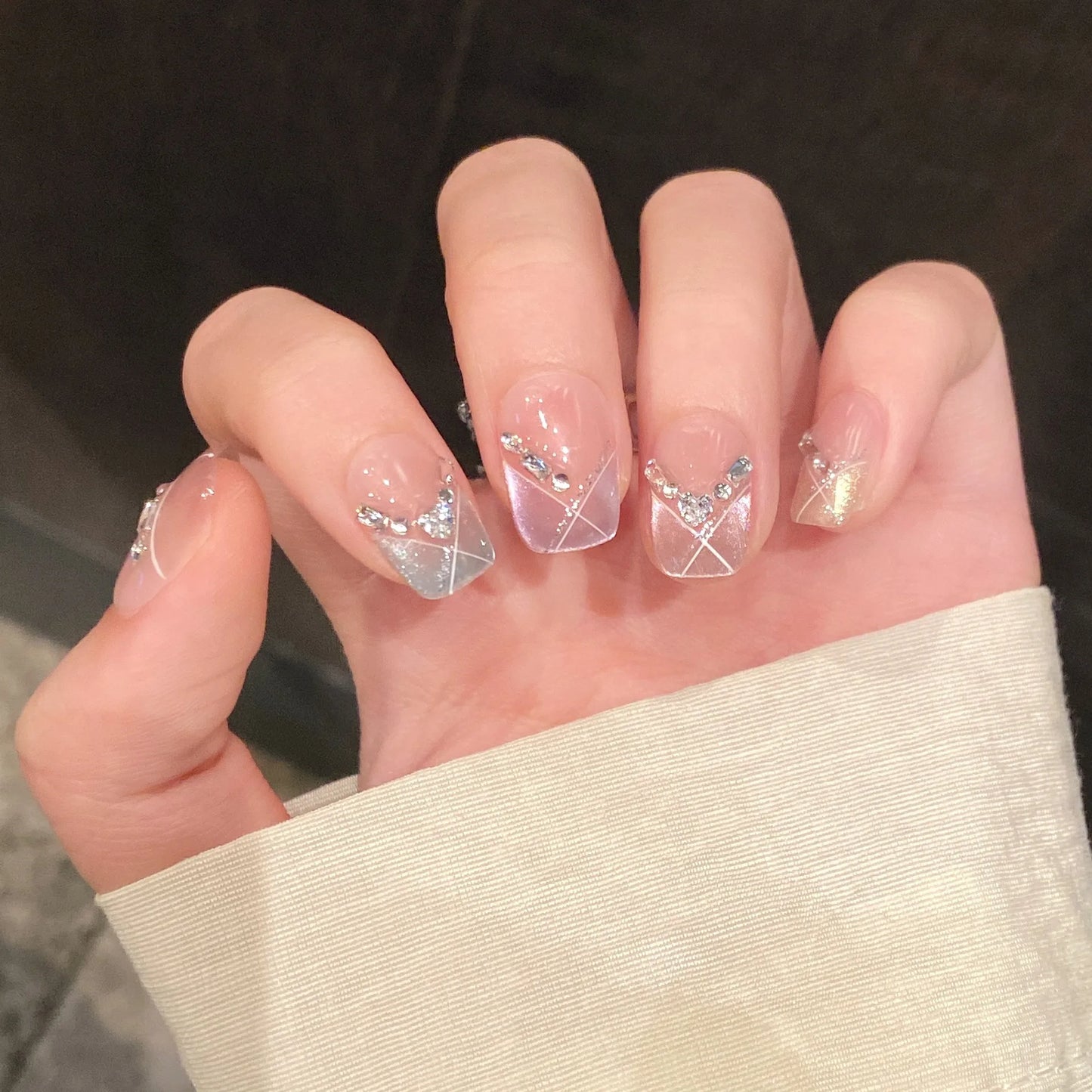 10pcs Handmade Press on Nails Shiny French Cat Eyes Fake Nail Tips with Rhinestone Decor Women Girl Wearable Coffin False Nails Peaceful Pleasures Health and Wellness XS