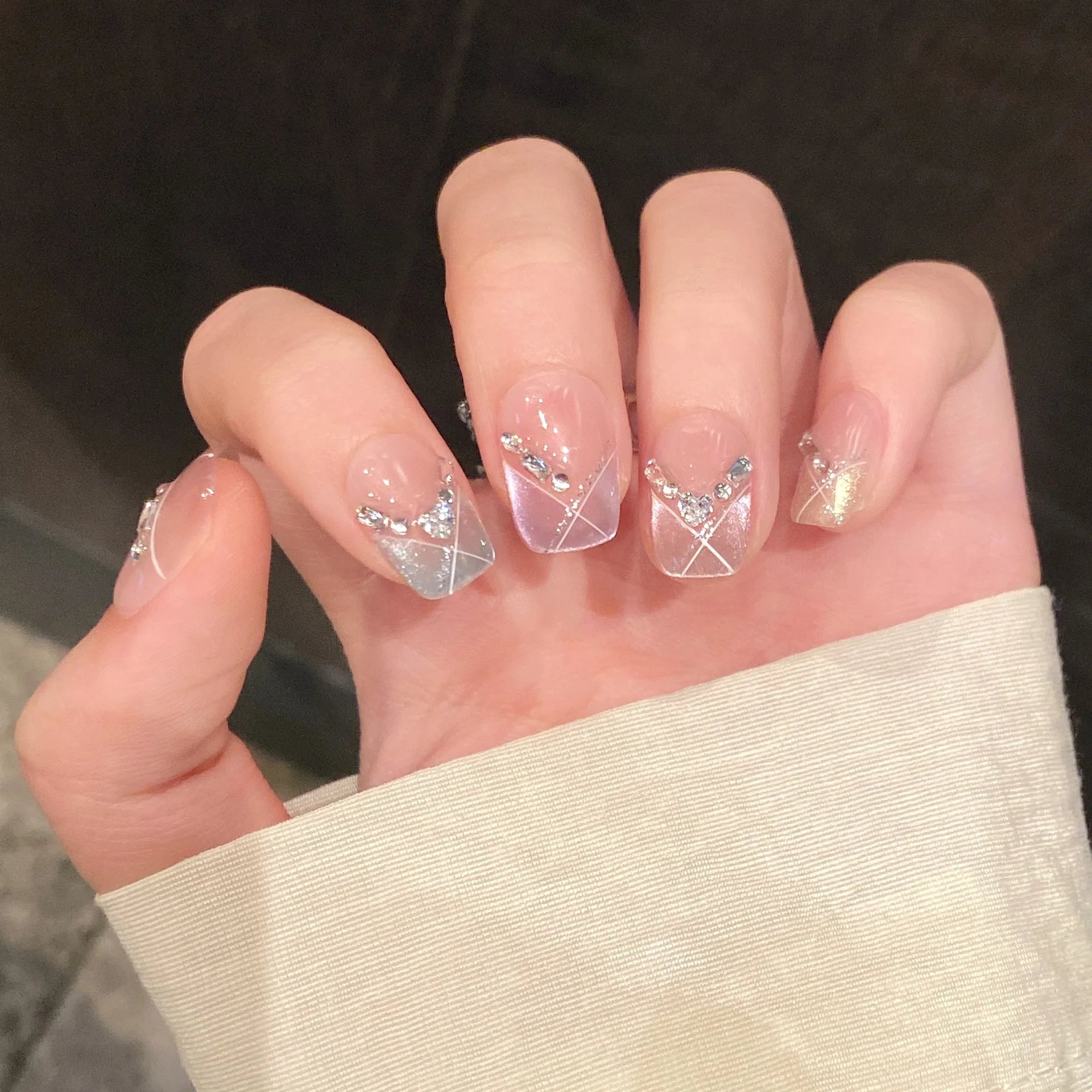 10pcs Handmade Press on Nails Shiny French Cat Eyes Fake Nail Tips with Rhinestone Decor Women Girl Wearable Coffin False Nails Peaceful Pleasures Health and Wellness XS