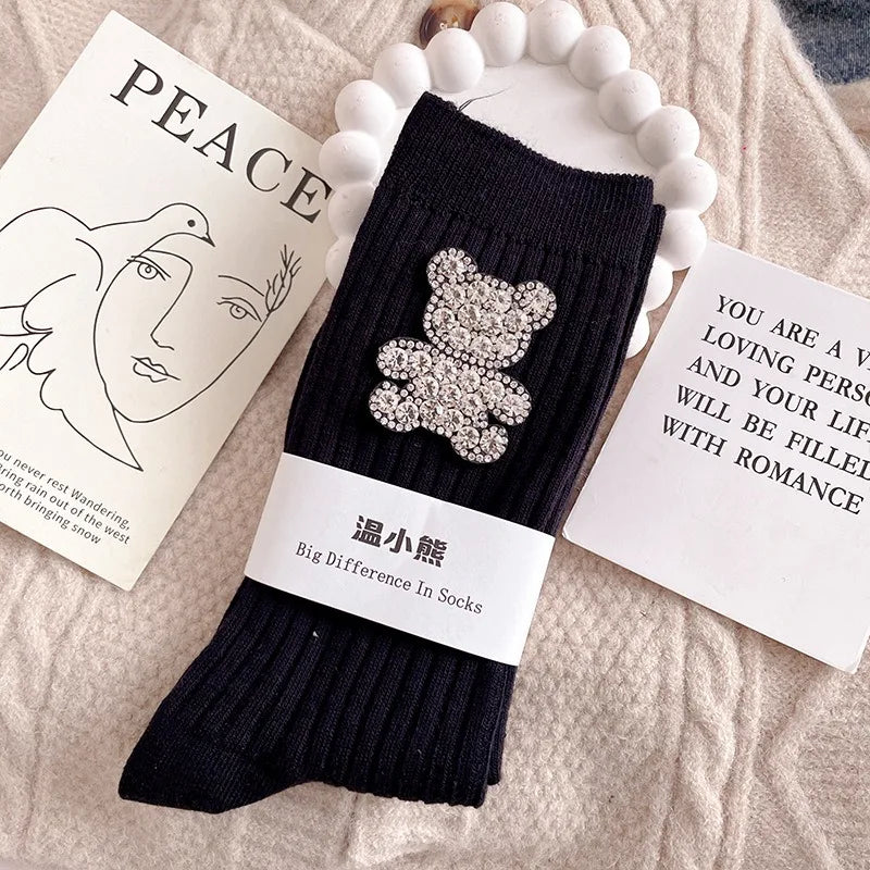 Diamond Cartoon Bear Decorative Socks, Fashionable Diamond Sparkling Women's Socks, Comfortable And Breathable Christmas Socks Peaceful Pleasures Health and Wellness black EU35-39