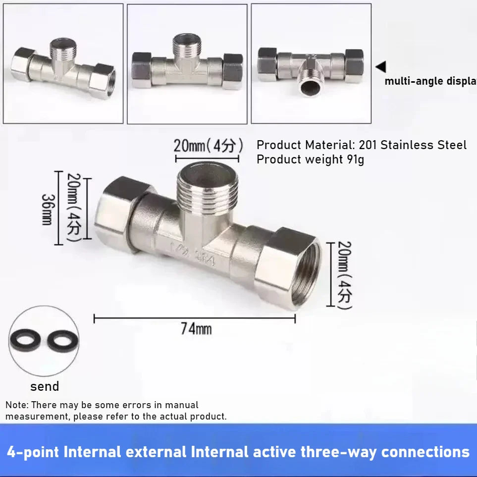G1/2 Stainless Steel 3-Way T-Adapter Shower Water Splitter Valve