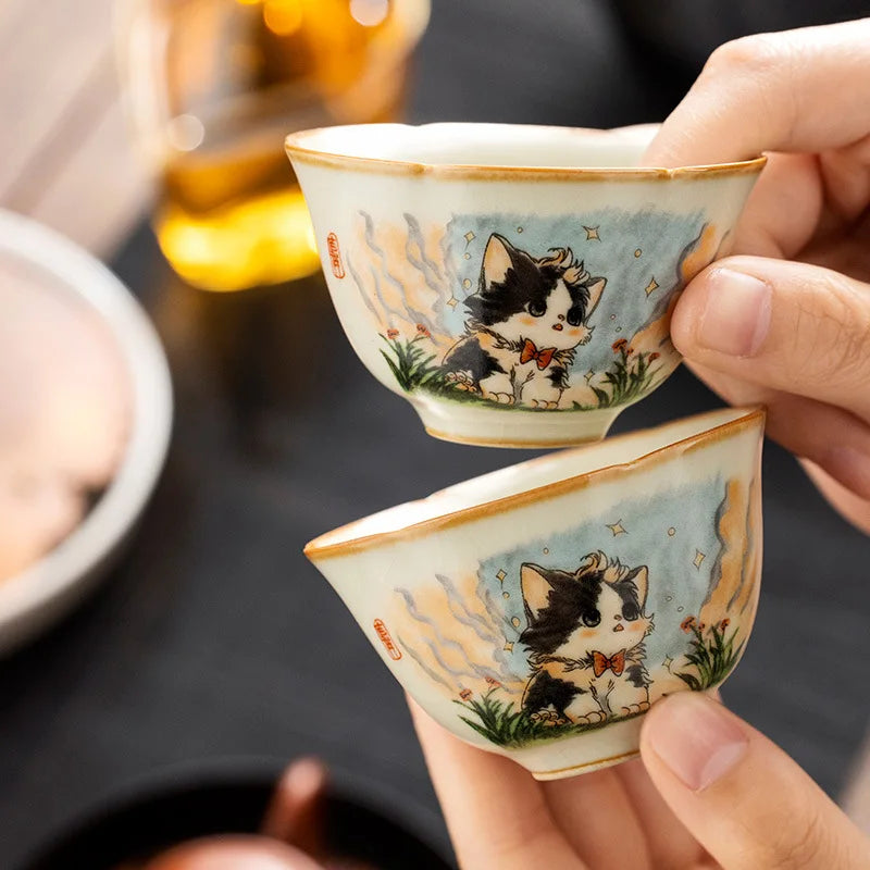 Ceramics Lovely Cat Your Ru Kiln Sunflower Mouth Teacup Master Cup Ceramic Personal Special Tasting Cup Ice Crack Glaze Tea Bowl Peaceful Pleasures Health and Wellness