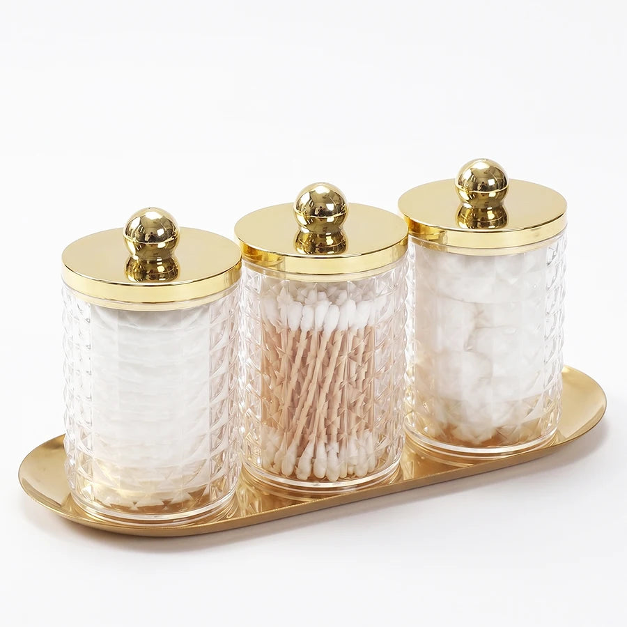 3-Piece Acrylic Q-Tip Holder & Apothecary Jar Set with Vanity Tray – Cotton Organizer with Lids