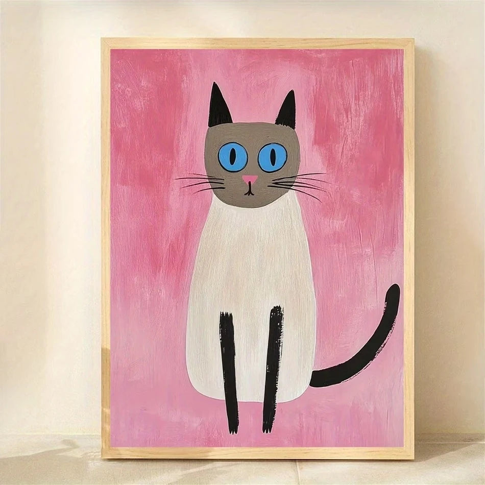 Blue-Eyed Cat Canvas Wall Art | Vibrant Pink Background Print