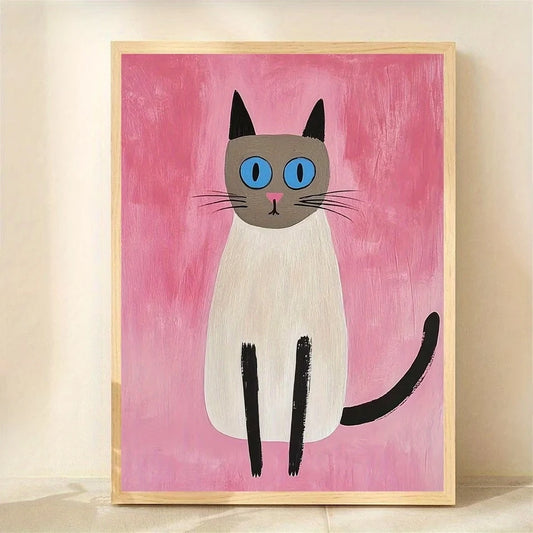 Blue-Eyed Cat Canvas Wall Art | Vibrant Pink Background Print Canvas Wall Art Peaceful Pleasures Health and Wellness G5405 21x30cm Wood Framed