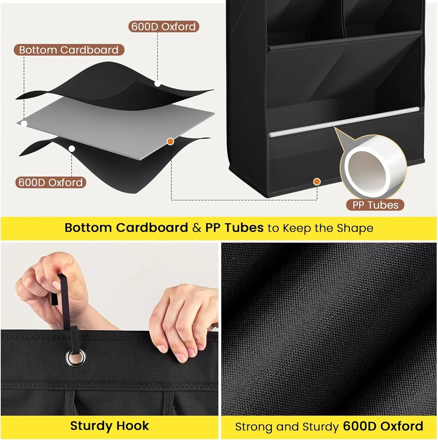 Black storage box with 600D Oxford material, PP tubes, and a sturdy hook, shown with close-up details.