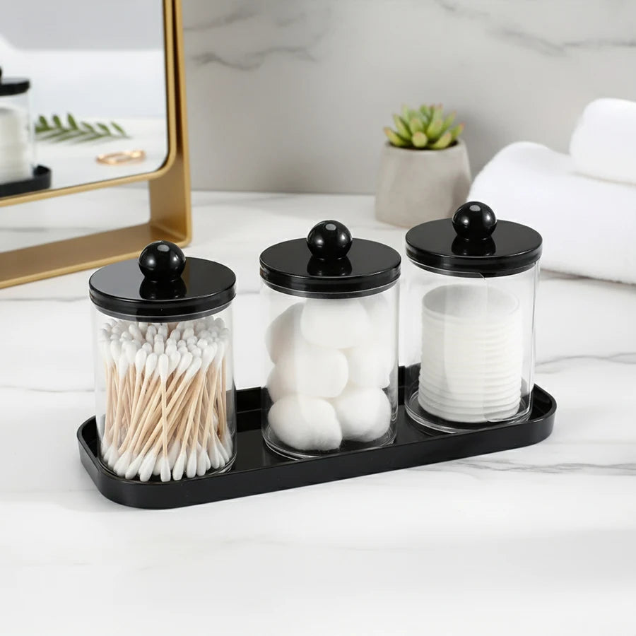 Apothecary Jar Qtip & Cotton Round Holder with Tray – 3 Pack Bathroom Organizer Set