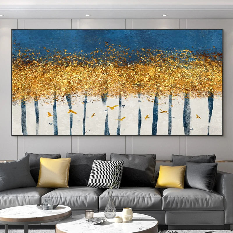 Abstract Leaves Oil Painting Print On Canvas Texture Golden and Silver Trees Wall Art Modern Home Decor Living Room Wall Decor Peaceful Pleasures Health and Wellness