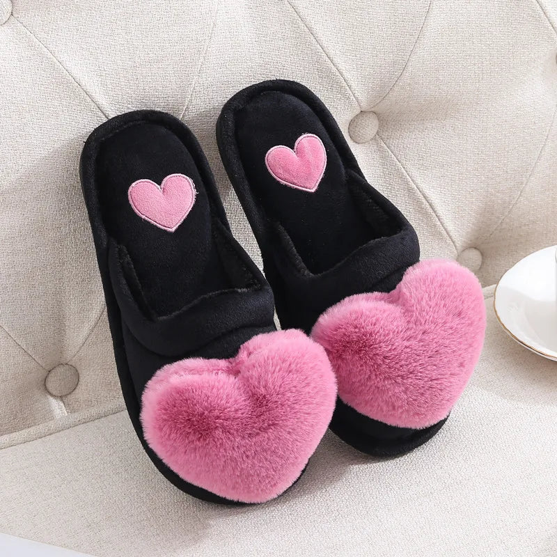 Women's Plush Heart Slippers – Warm Non-Slip Indoor House Shoes