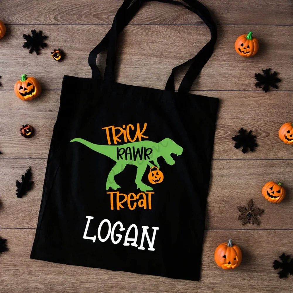 Personalized Dinosaur Trick or Treat Tote Bag | Kids Halloween Bag