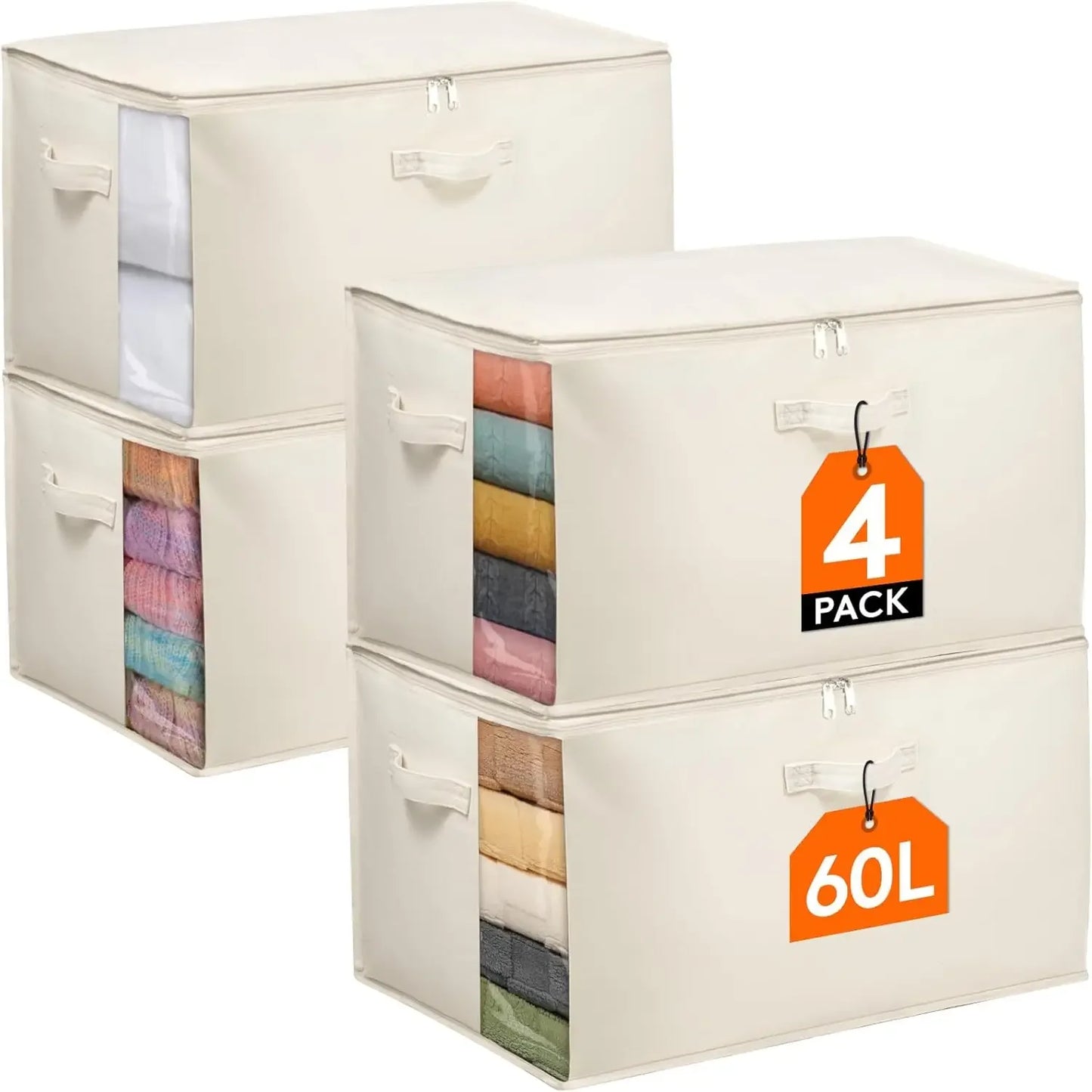 4-Pack Canvas Storage Bags with Zipper, 60L Breathable Foldable Organizers for Clothes, Blankets, Bedding Peaceful Pleasures Health and Wellness United States