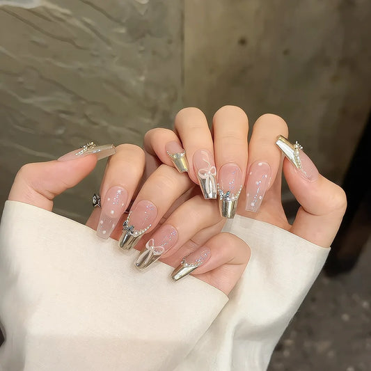 Y2K Press On Nails – Silver Butterfly Bow French Tips 10pc Press On Nails Peaceful Pleasures Health and Wellness