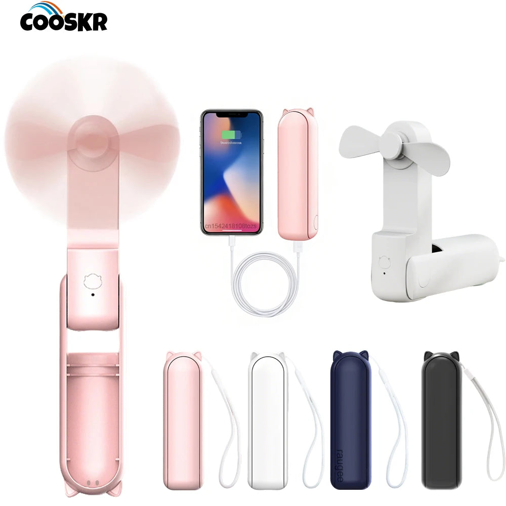 Mini Portable Fan 2000mAh Rechargeable Foldable Small Pocket Fan with Handy Power Bank Handheld Cooling Fan for Outdoor Travel Peaceful Pleasures Health and Wellness