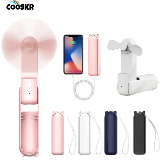 Mini Portable Fan 2000mAh Rechargeable Foldable Small Pocket Fan with Handy Power Bank Handheld Cooling Fan for Outdoor Travel Peaceful Pleasures Health and Wellness