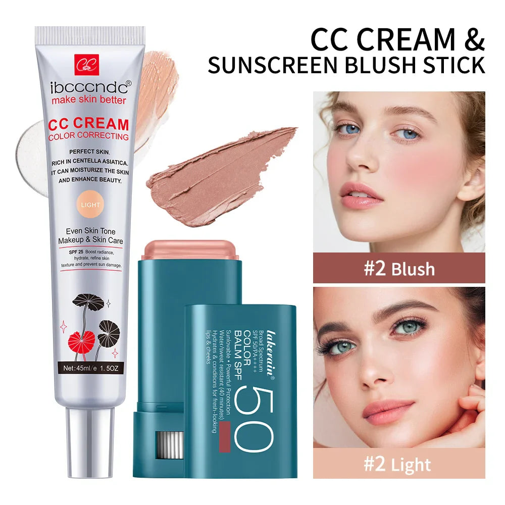 CC Cream & SPF 50 Blush Stick Set – Waterproof Korean Makeup