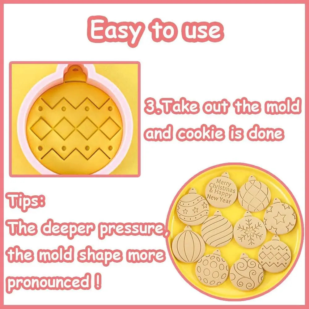 10 Piece Mini Christmas Ornament Cookie Cutters, 3d Raised Design Cookie Stamps, Mini Round Ornament Baking Molds(Ornament) Peaceful Pleasures Health and Wellness