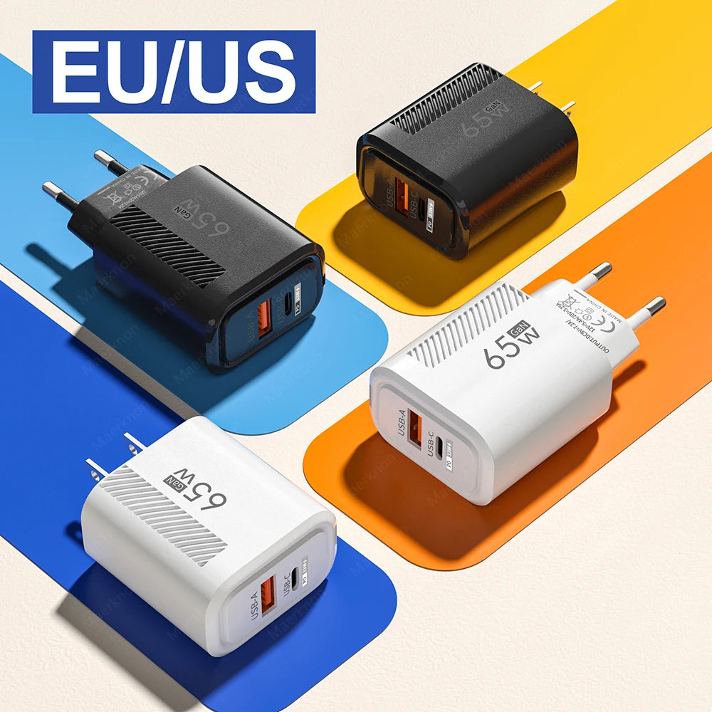 65W GaN Fast Charger PD QC3.0 Dual Port USB Wall Adapter EU US Plug Compatible with iPhone Samsung Xiaomi Tablets Travel Charger Peaceful Pleasures Health and Wellness