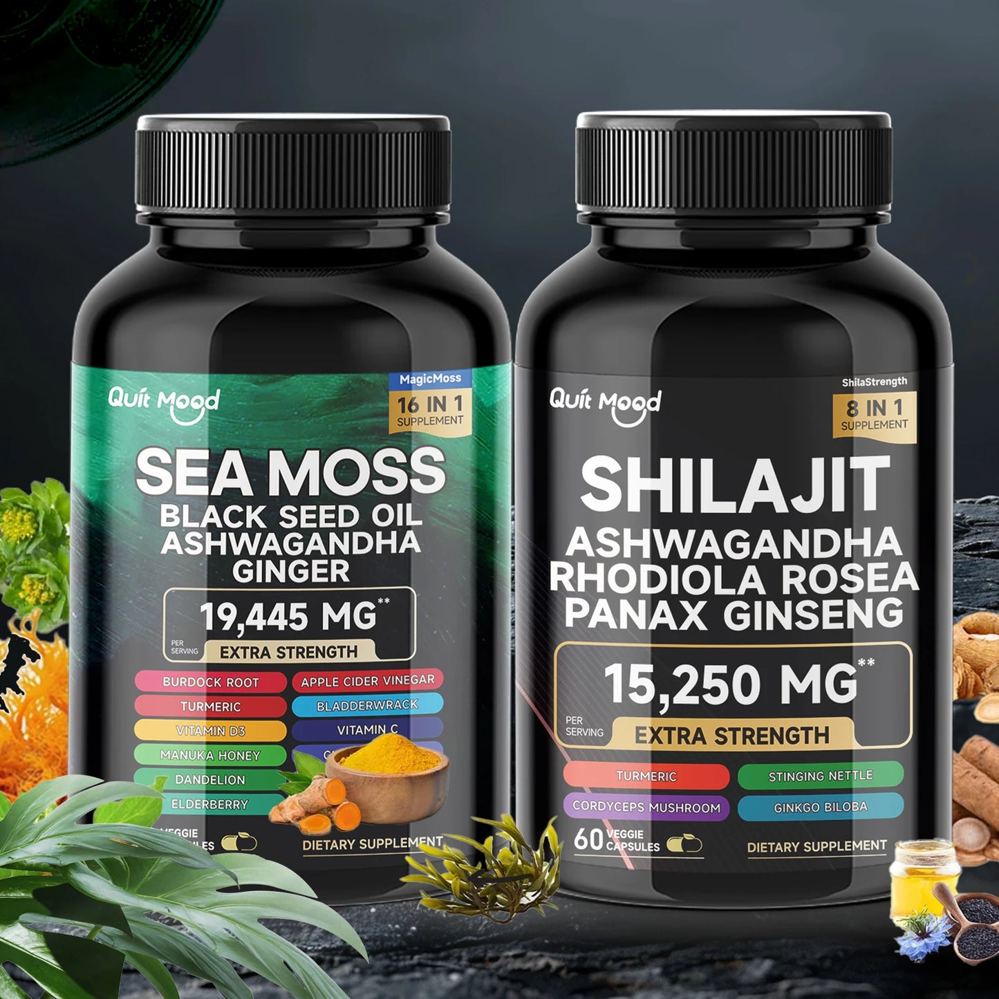 Sea Moss and shilajit Bundle 120 capsules, with Seamoss, Black Seed Oil, Ashwagandha, Ginger, Burdock Root, Turmeric, Black Pepp Peaceful Pleasures Health and Wellness