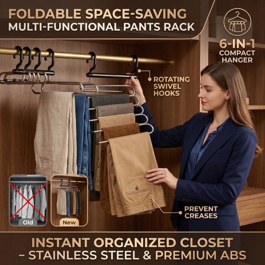 6 Layers Multi-Function Pants Hangers Folding Aluminum Trouser Clothes Storage Rack Saving Space Storage Holder Closet Organizer Peaceful Pleasures Health and Wellness