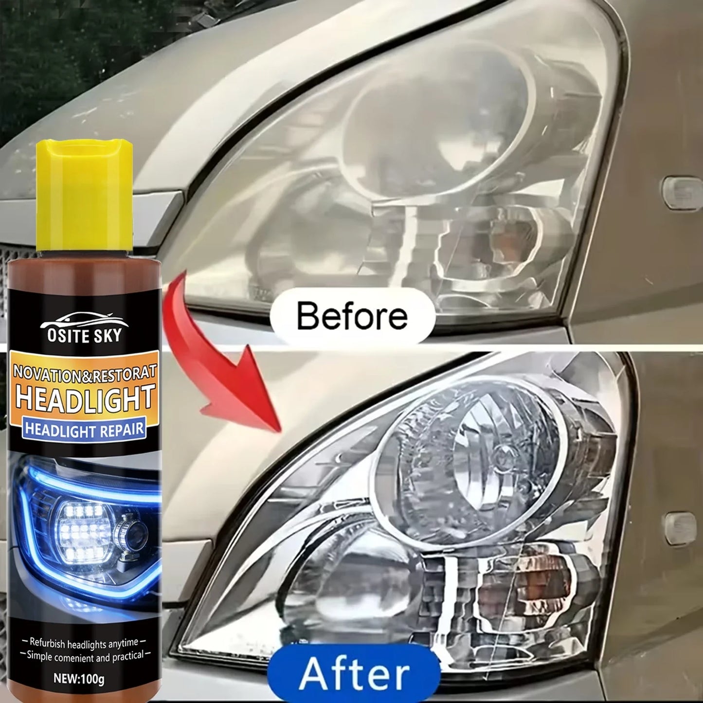 Car Headlight Lens Restoration Kit – Repair & Clarity Fluid
