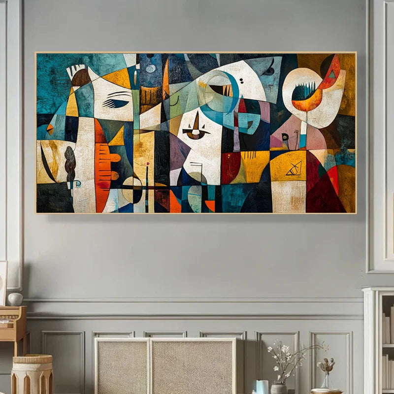 Abstract Frameless Modern Abstract Colorful Bohemian Geometric Patchwork Wall Art Featuring A Human Face Retro Canvas Poster Peaceful Pleasures Health and Wellness
