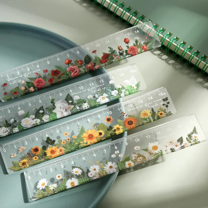 Acrylic Ruler Minimalist Style Plant Flowers Student Stationery Ruler for Measurement Peaceful Pleasures Health and Wellness