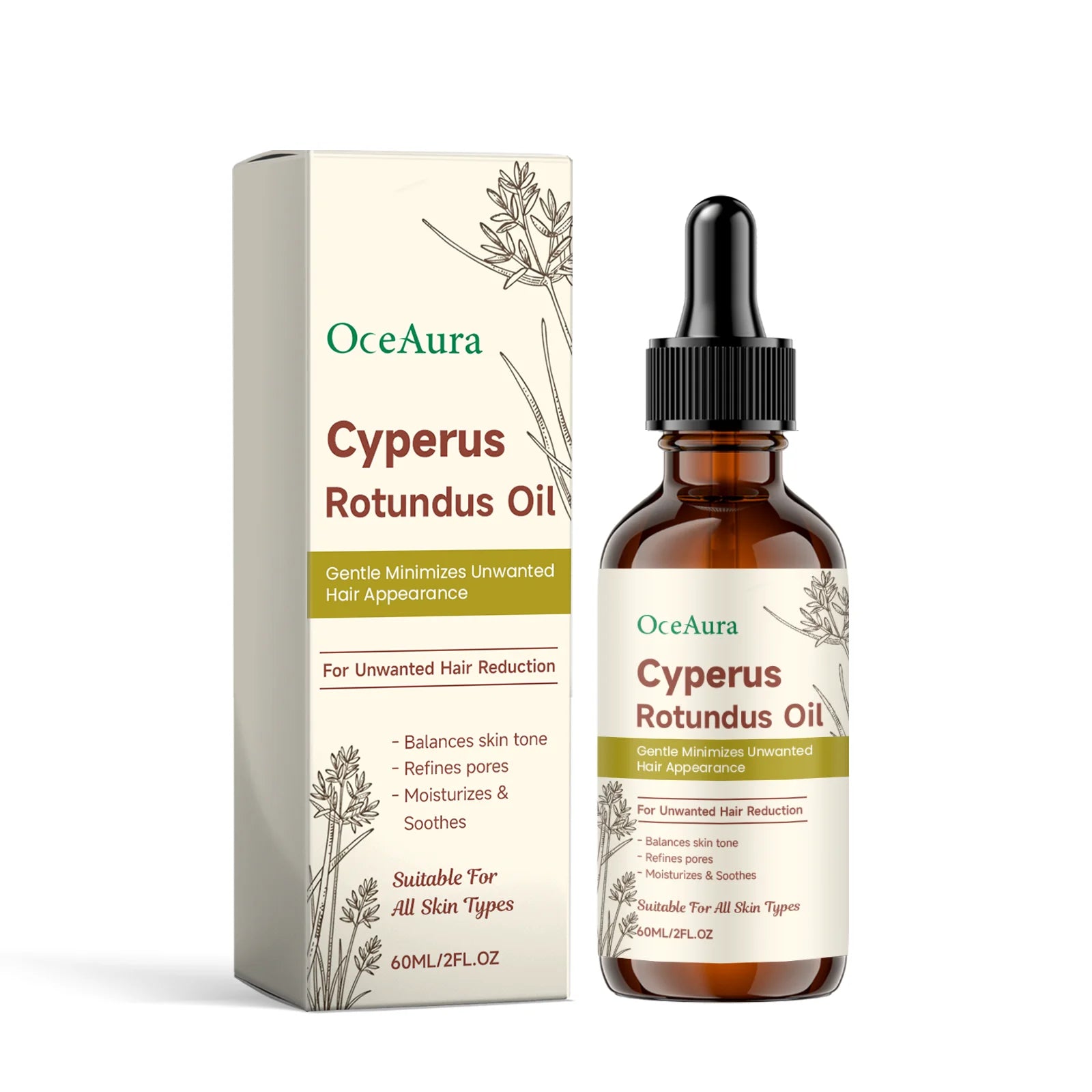 Oceaura Hair Removal Oil Moisturizing Gentle Hair Removal Soothing Redness Smoothing Hair Softening Repair Cyperus Rotundus Oil Peaceful Pleasures Health and Wellness 60ml boxed
