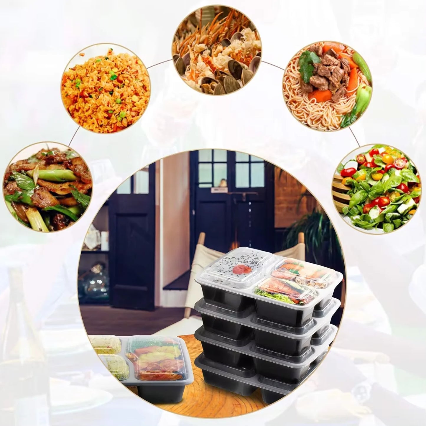 10 Pcs Portable 850ml Fresh-Keeping Box,Plastic 3 Grids Covered Lunch Box,Disposable Takeaway Food Grade Insulated Lunch Box Peaceful Pleasures Health and Wellness