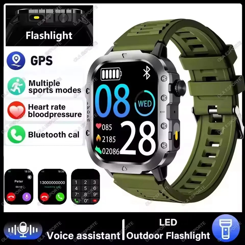 2026 New Military-grade Smart Watch Men GPS Flashlight 3ATM Waterproof Watch Bluetooth Call 100+Sport Outdoor Smartwatch Pk HW12 Peaceful Pleasures Health and Wellness 2.01 Green