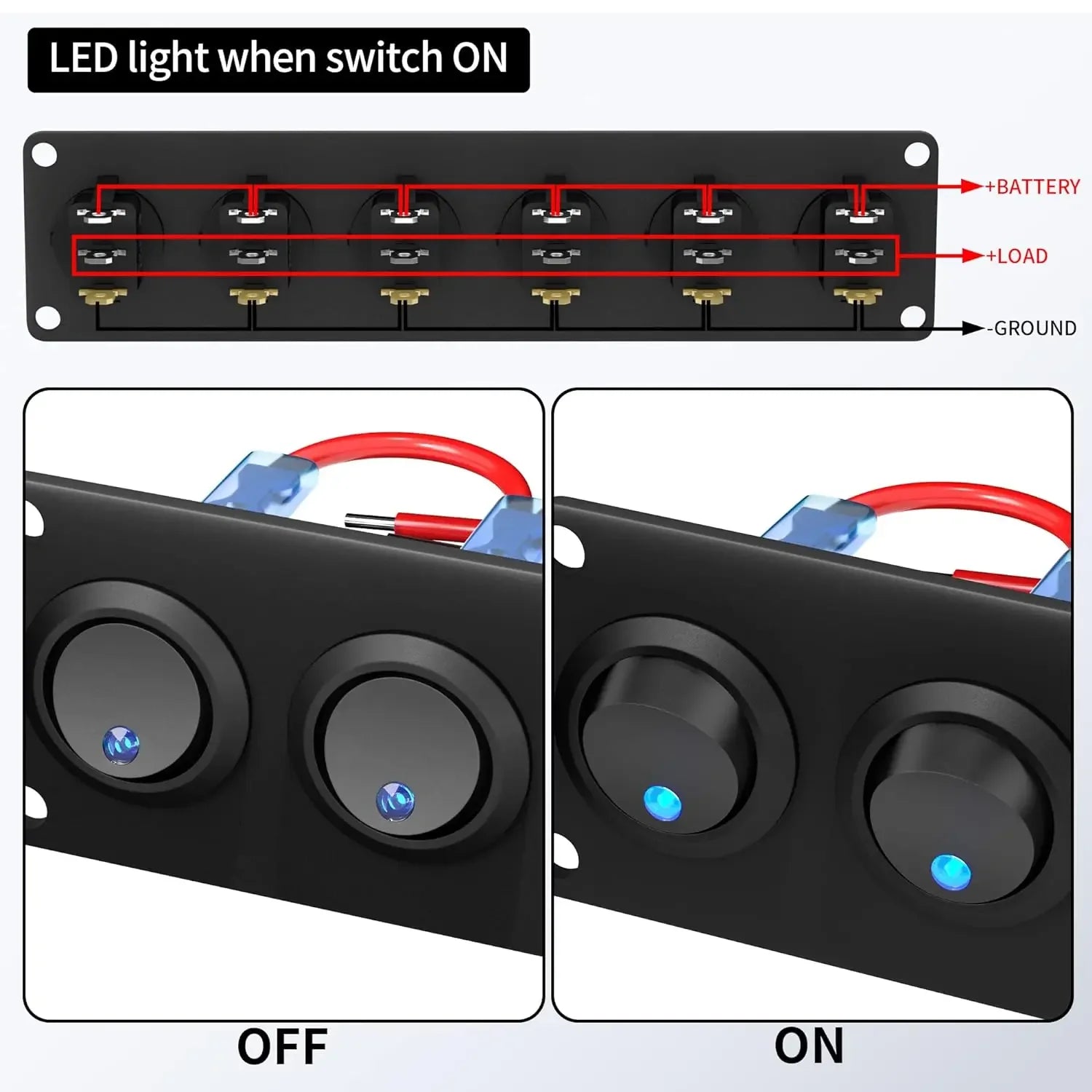 DaierTek 6 Gang Rocker Switch Panel 12V Round Toggle Switch Panel 3 Pin Light 12 Volt DC 20A SPST On-Off Switch for Marine Boat Peaceful Pleasures Health and Wellness