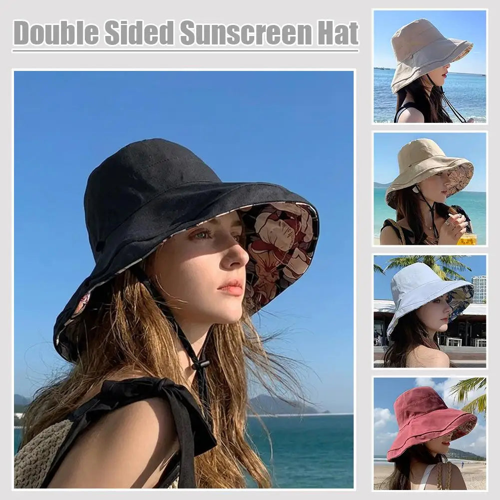 Double-Sided Printed Sun Hat Dual-Style Reversible Wear Sun Protection Windproof Rope Flower Print Wide Brim Fisherman Hat Women Peaceful Pleasures Health and Wellness
