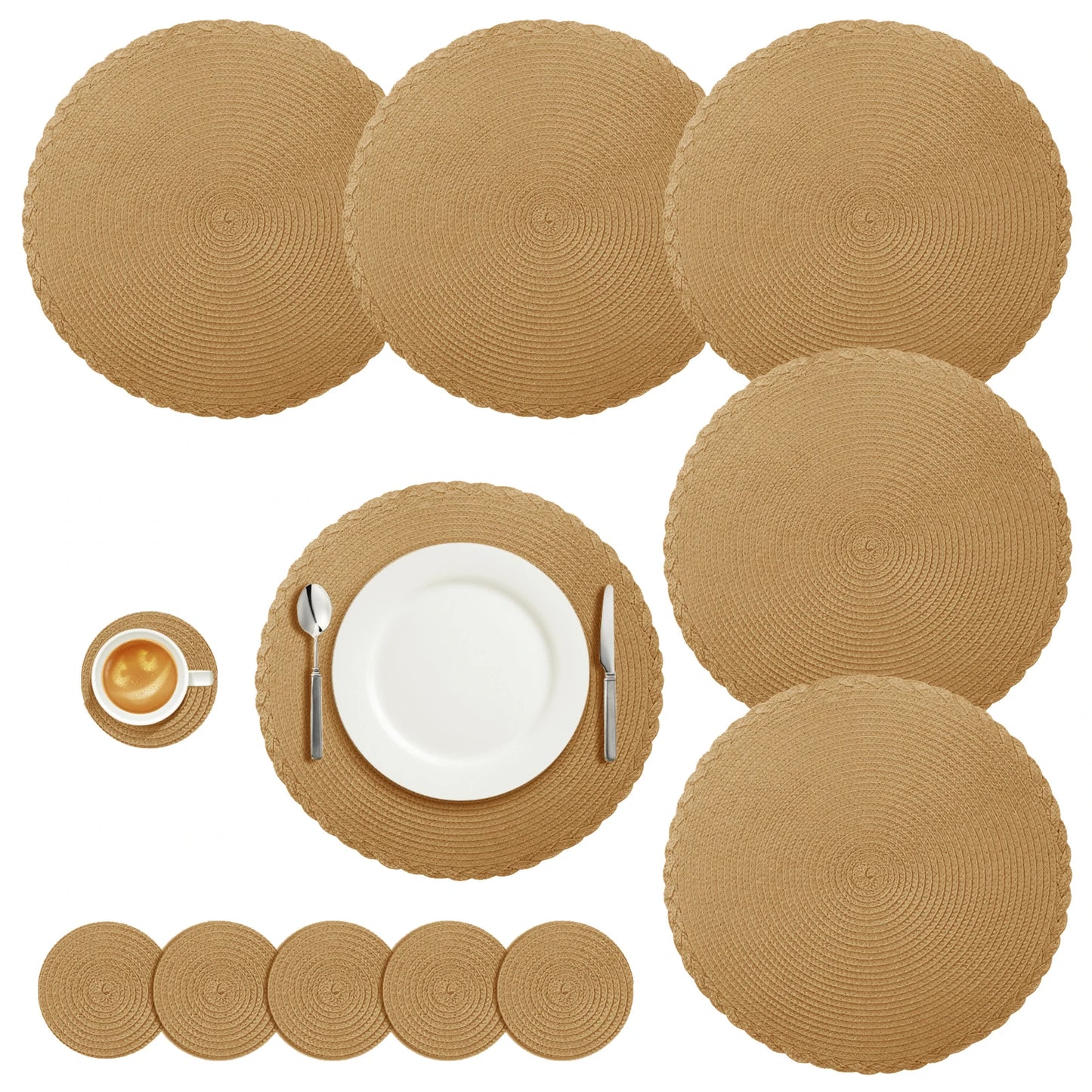 Set of 6 Round Braided Table Mat Washable Placemats Non Slip Heat Resistant for Kitchen Dining Tables Pad With 6Pc Cup Coasters Peaceful Pleasures Health and Wellness PP 33.5cm Gold 12 Mats 12 Coaster