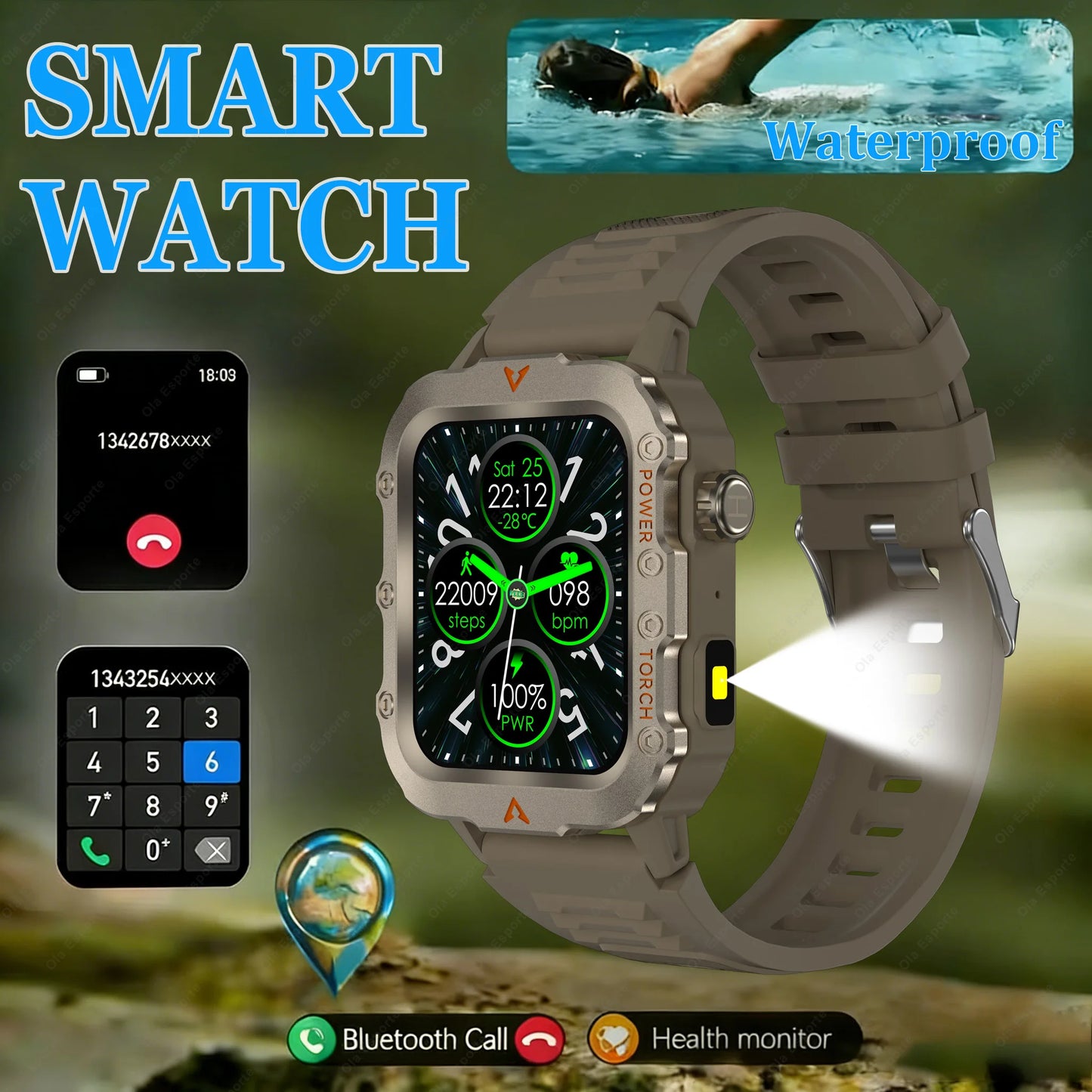 New Military GPS Smart Watch Men Flashlight IP68 Waterproof Outdoor Sport Fitness Tracker Bluetooth Call Smartwatch HW12 Peaceful Pleasures Health and Wellness
