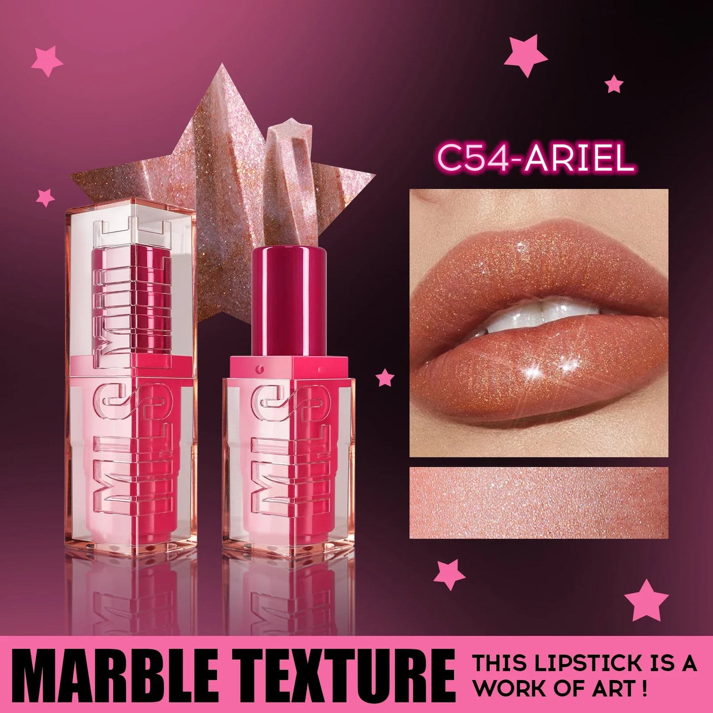MLSMILE Spiral Star Glitter Marble Lipstick – Matte & Pearlescent