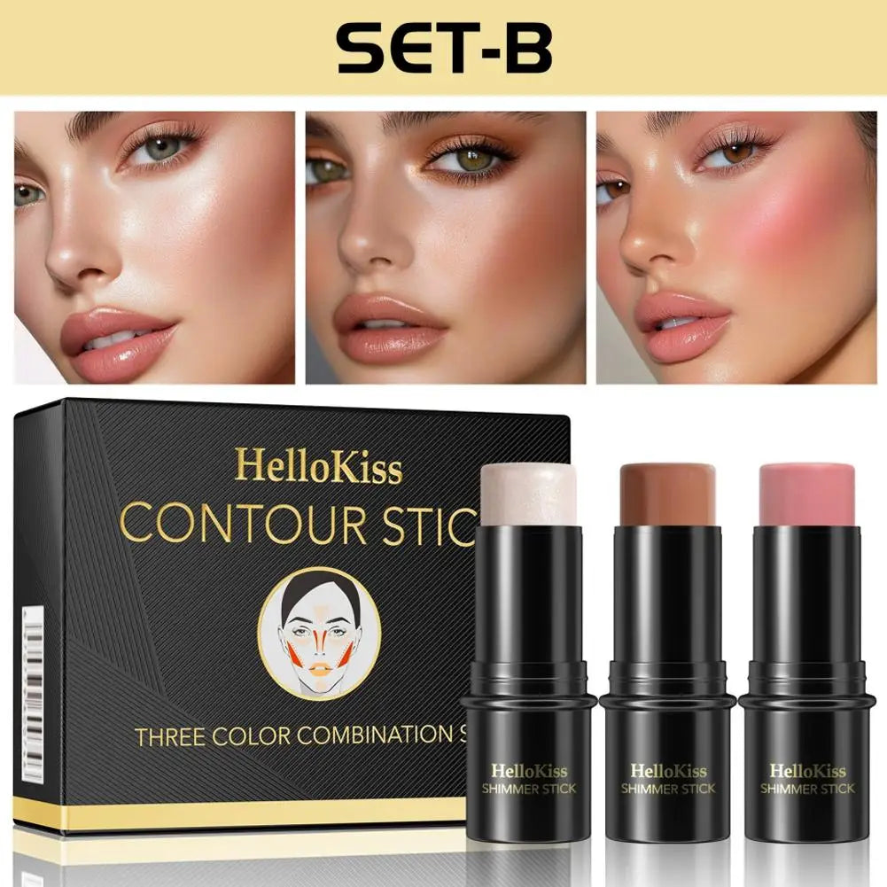 3-in-1 Cream Contour Stick Set – Highlighter, Blush & Contour