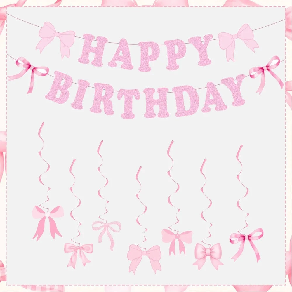Bow Theme Happy Birthday Banner & Balloon Decoration Set