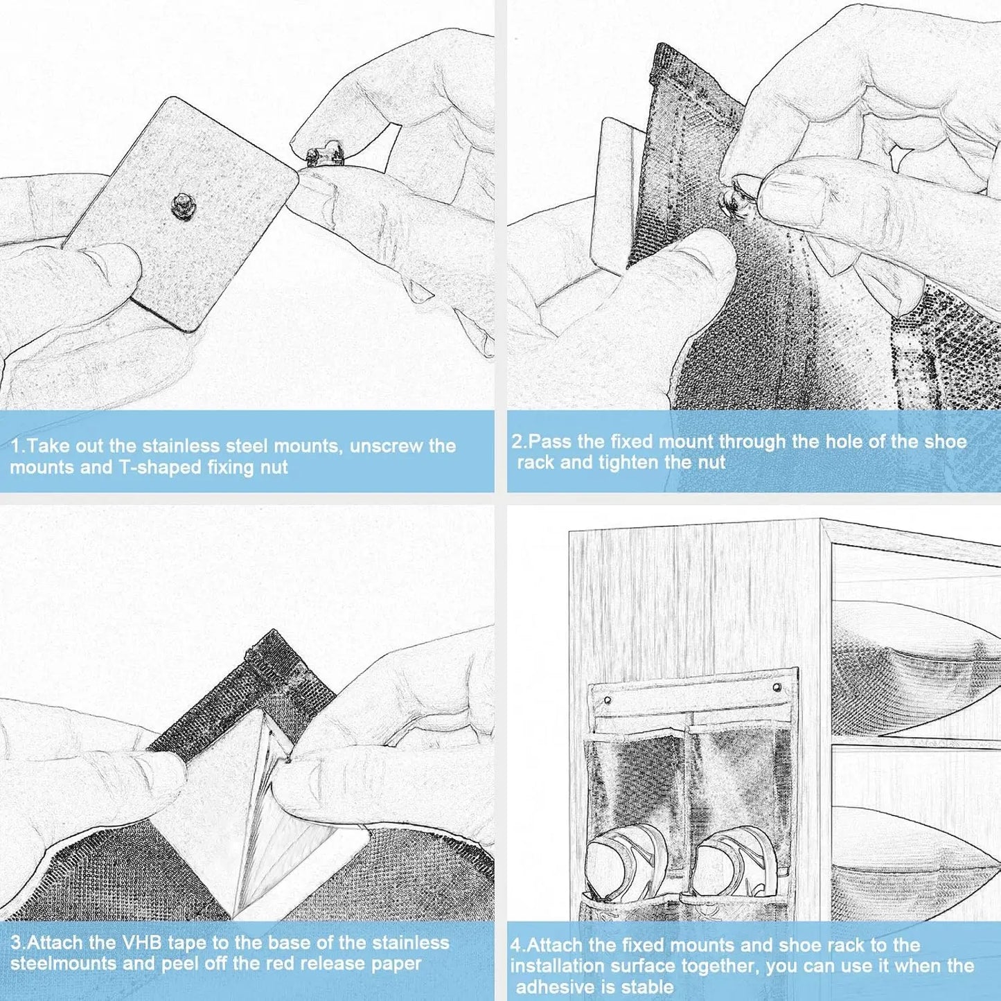Step-by-step installation instructions for a shoe rack with illustrations and text.