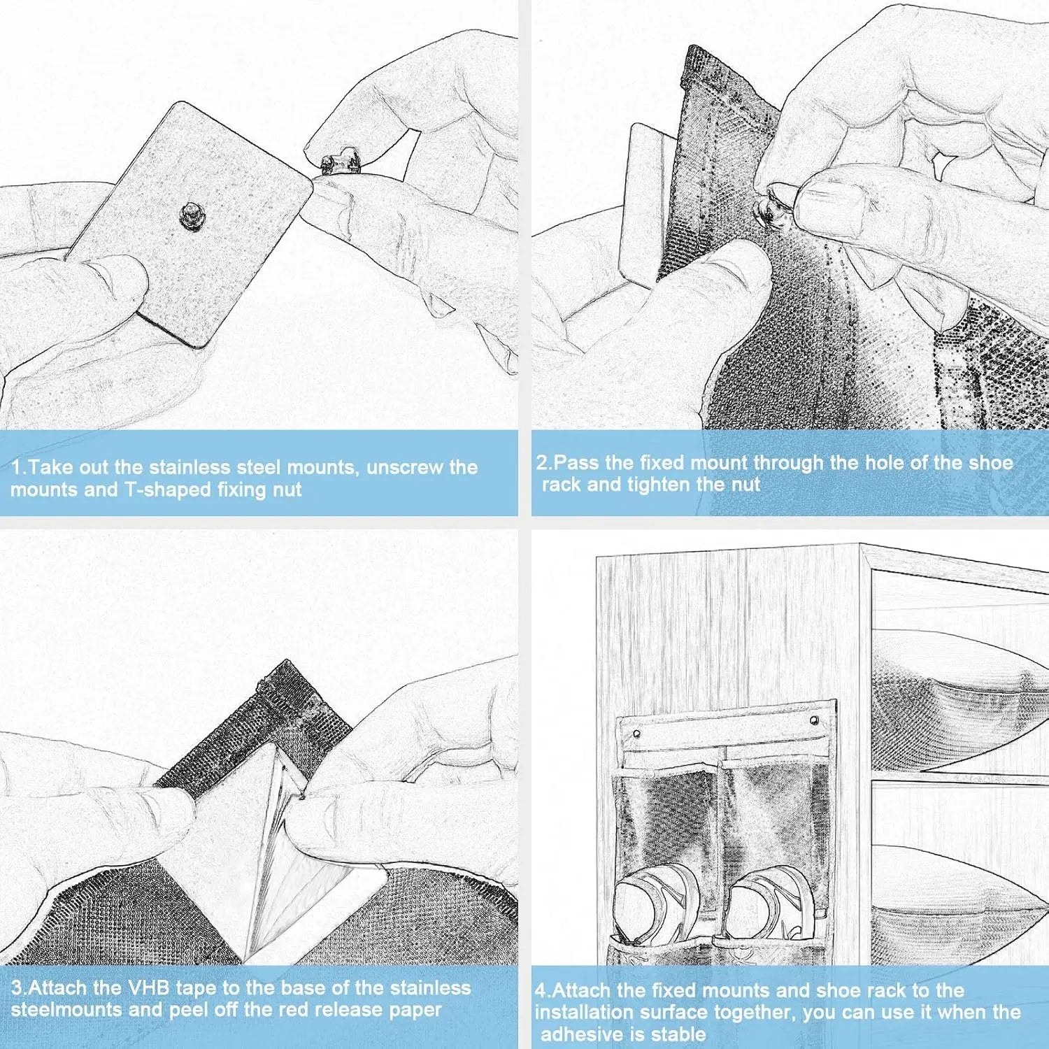Step-by-step installation instructions for a shoe rack with illustrations and text.