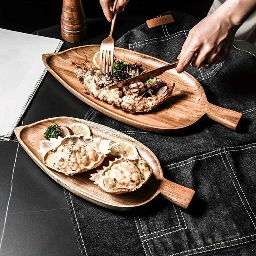 Japanesestyle High-looking Wooden Tray Afternoon Tea Snack Sushi Plating Leaf-shaped Plate Acacia Wood Tea Tray Dining Accessory Peaceful Pleasures Health and Wellness
