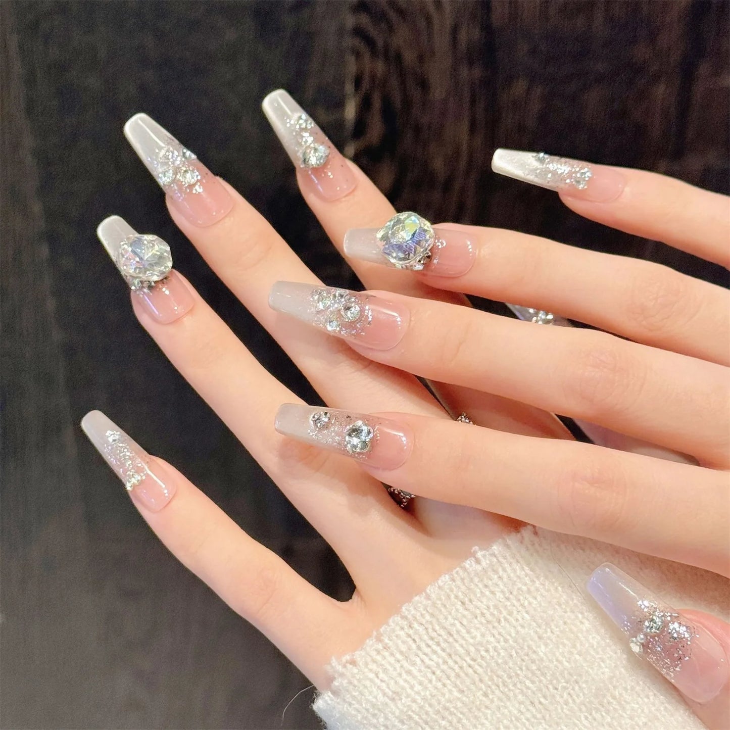 10pcs Handmade Press on Nails French Cat's Eye Fake Nails with Flash Rhinestones Decor Wearable Shiny Gradient False Nail Tips Peaceful Pleasures Health and Wellness