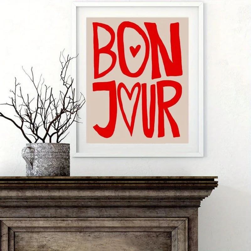 Bonjour Letter Print Art Poster Classic Modern Wall Art Canvas, Frameless Decor, Alphabet Theme for Cafe, Bar, Dorm Wall Hanging Peaceful Pleasures Health and Wellness