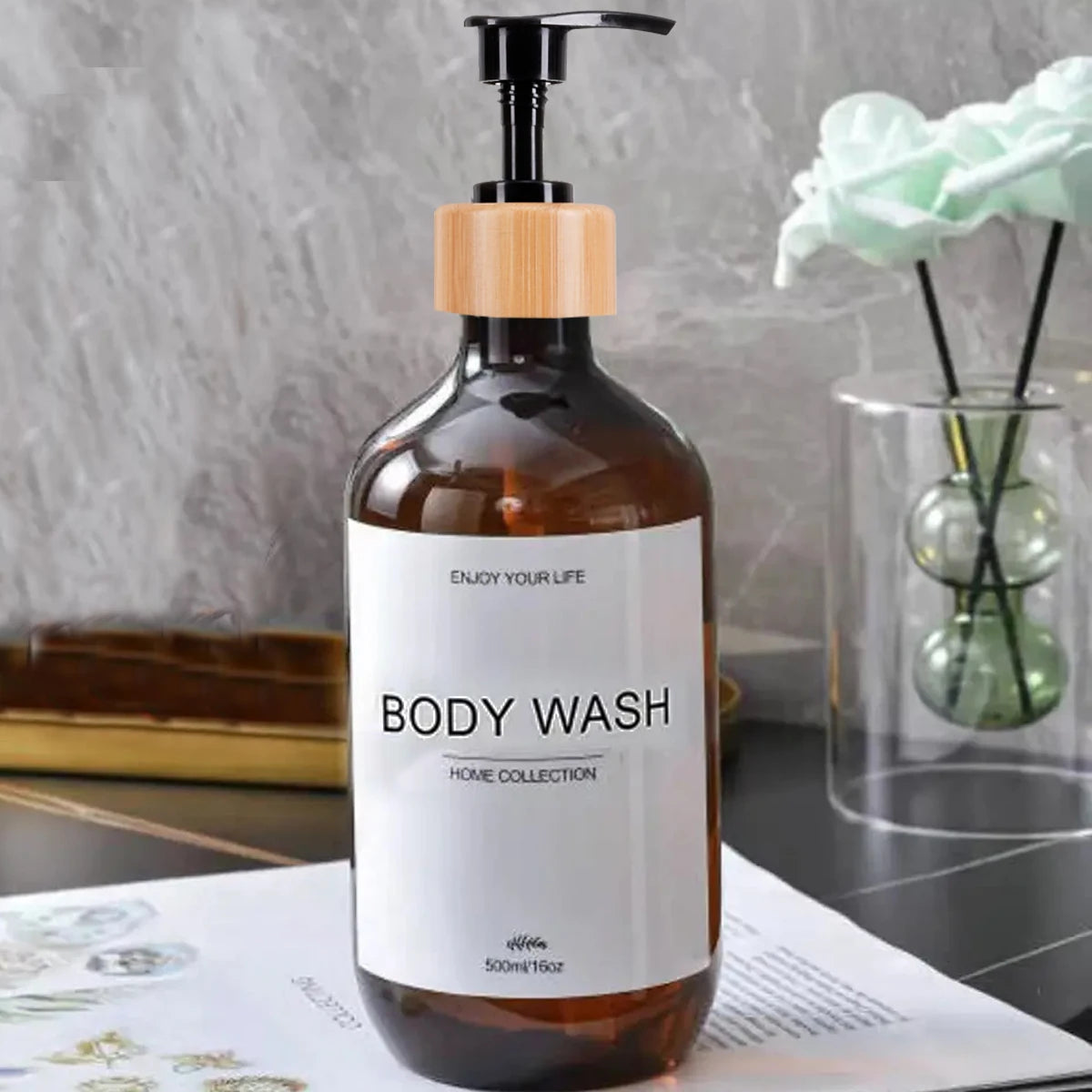 Bathroom Shampoo Dispenser Set 500ml Conditioner Body Wash Bottles Refillable Dispenser Farmhouse Decoration Storage Bottles Peaceful Pleasures Health and Wellness Brown-B